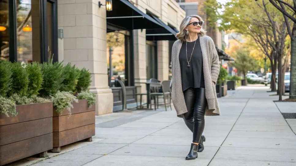 It is features image on ''how to wear leggings over 50''