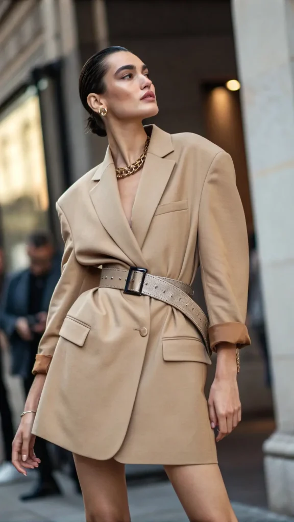 It is image on Oversized Camel Belted Blazer Dress Outfit Ideas.
