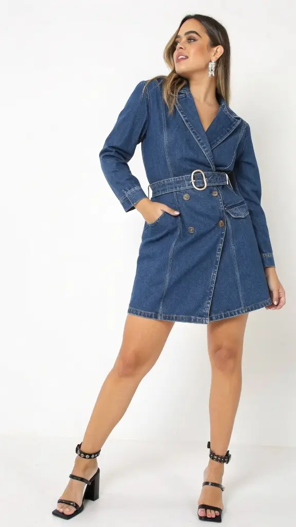 It is image on Denim Wrap Blazer Dress Outfit Ideas.