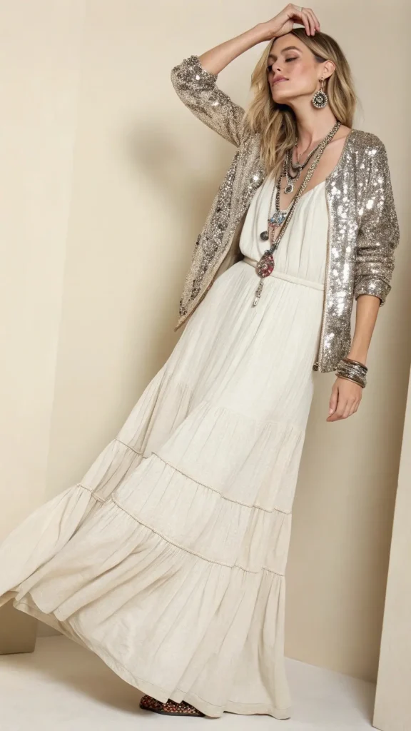It is image on Sequined Blazer with Bohemian Maxi Concert Outfit Ideas.