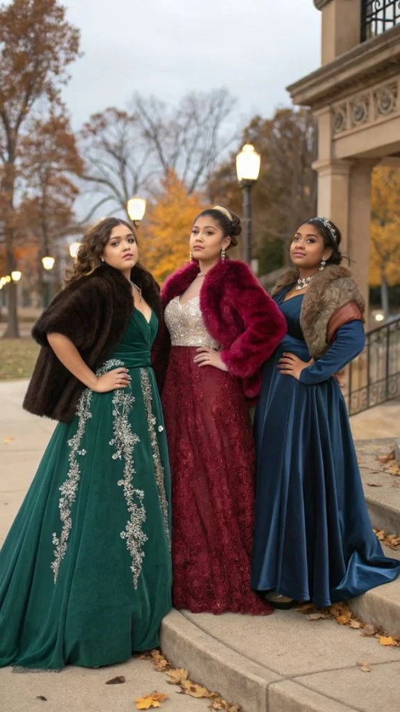 Women wearing jewel-tone quinceañera guest outfits in velvet and satin fabrics, styled with shawls and bolero jackets, set in a warm fall and winter evening setting with elegant lighting.