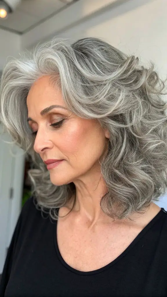 It is image on Voluminous Silver Curls for Oval Face.