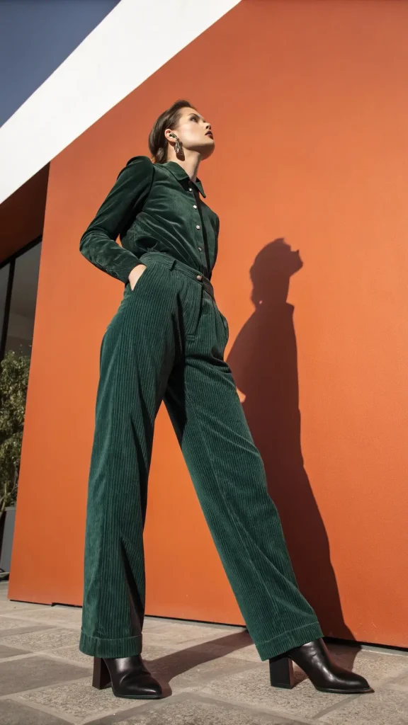 It is image on Emerald Green Corduroy Set with Wide Leg Pants.