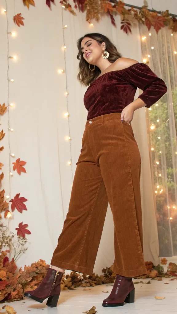 It is image on Rust Wide Leg Corduroy Pants with Velvet Top.
