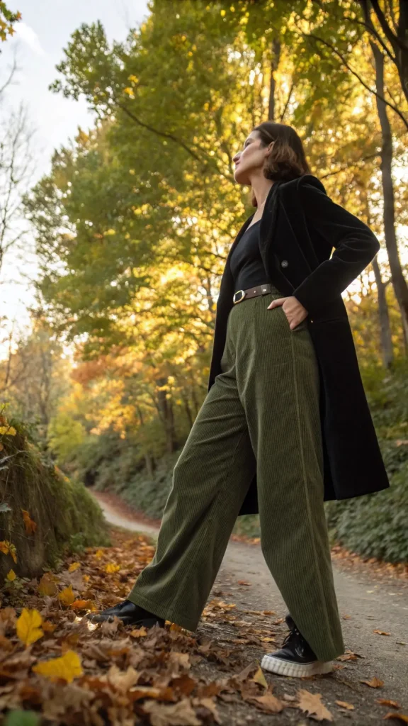 It is image on Olive Green Corduroy Pants Outfit with Black Coat.
