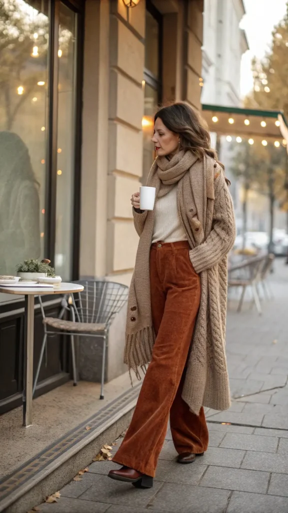It is image on Rust Corduroy Wide Leg Pants with Cable Knit Cardigan.
