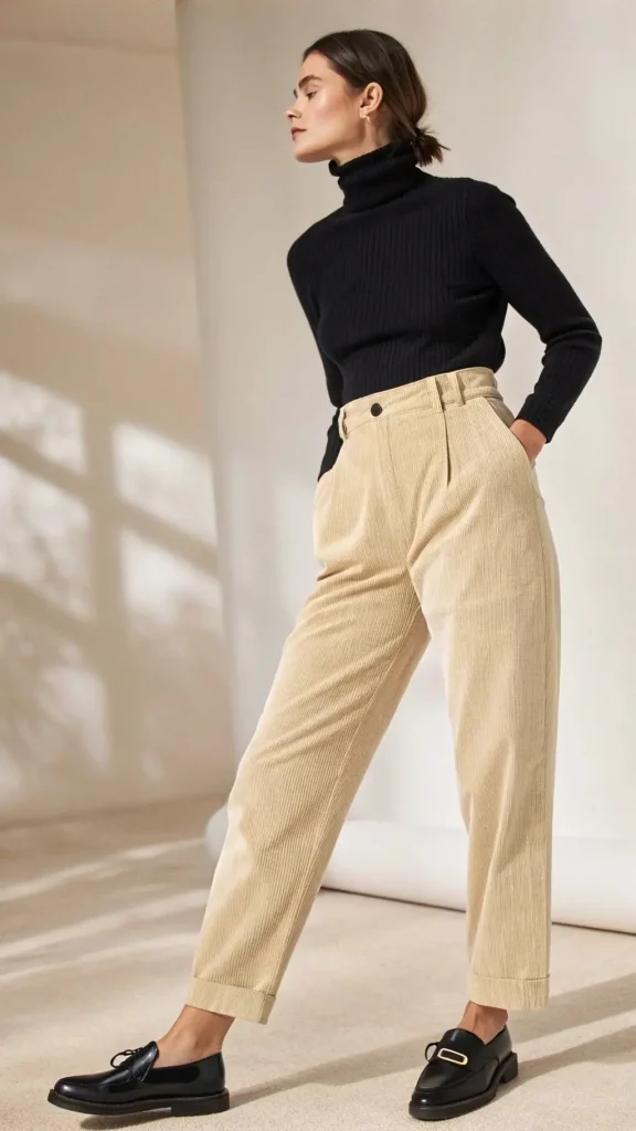 It is image on Cream Corduroy Pant with Black Turtleneck.