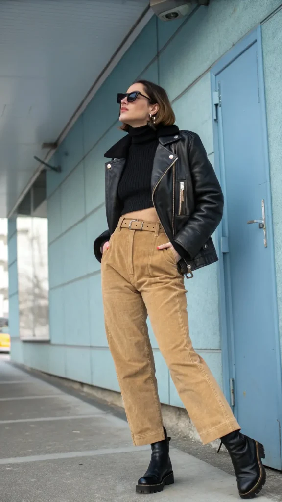 It is image on Camel Straight Leg Corduroy Pants with Leather Jacket.