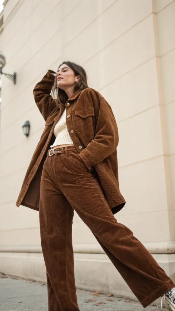 It is image on Chocolate Brown Corduroy Pant with Matching Shacket.