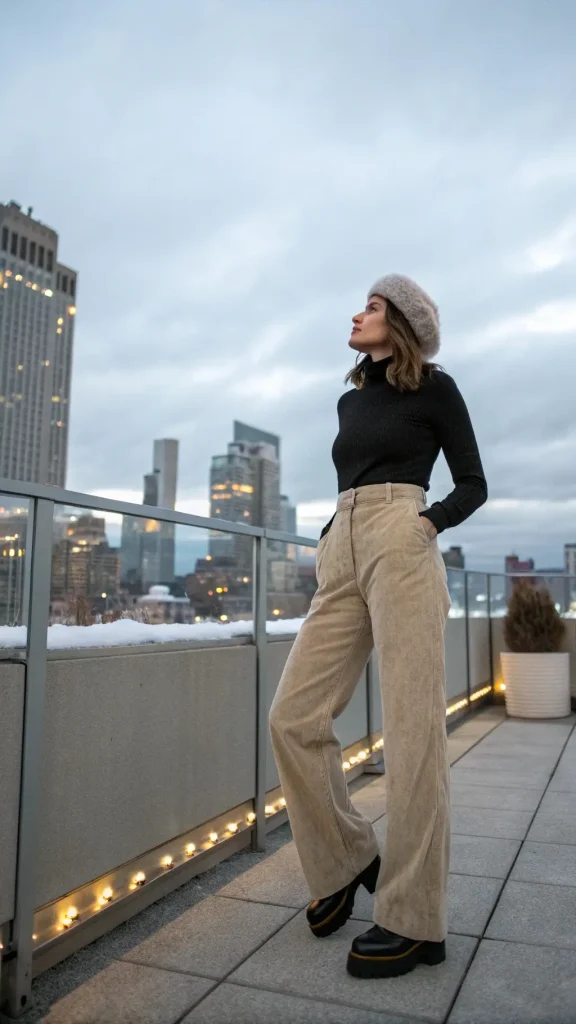 It is image on Tan Wide Leg Corduroy Pants with Black Turtleneck.