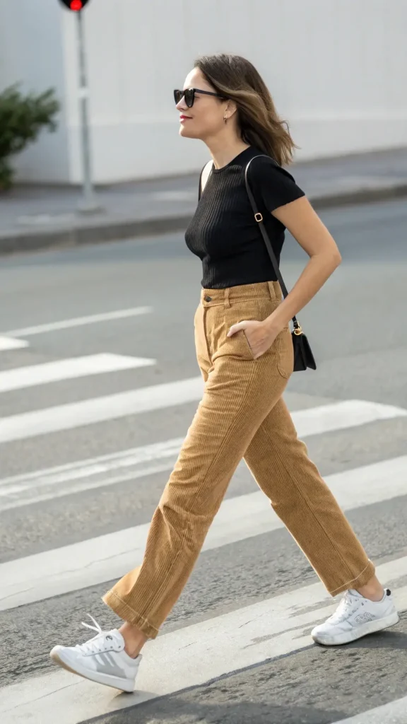 It is image on Corduroy Pants with Black Knit Top.