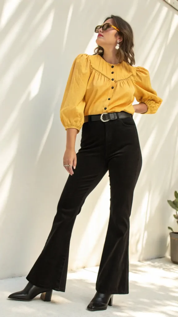 It is image on Black Flare Corduroy Pants with Mustard Blouse.
