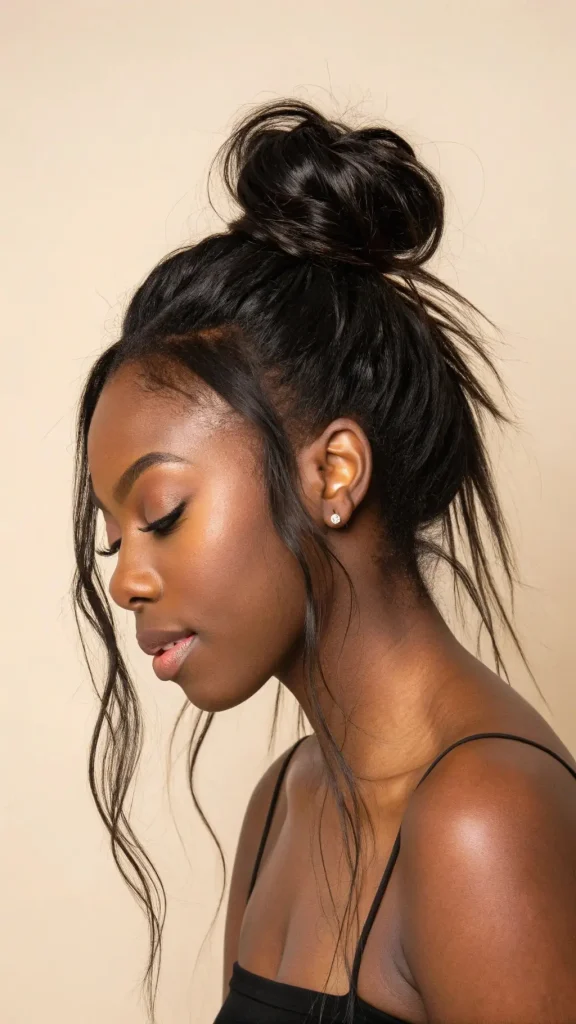 It is image on Sleek High Messy Bun with Face-Framing Wisps.