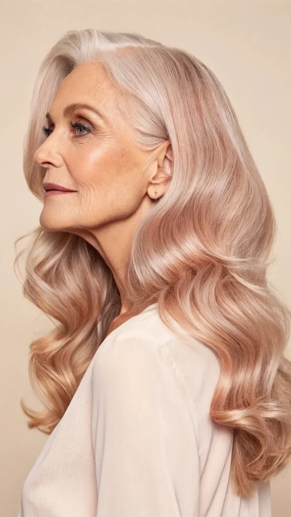It is image on Women Haircut Rose Gold Long Waves.