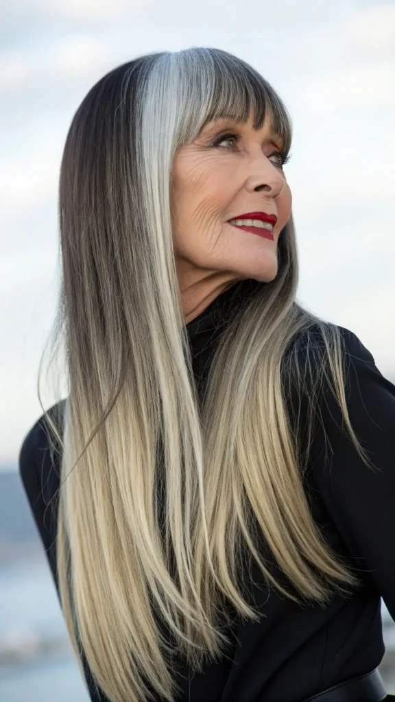 It is image on Long Straight Hair with Blunt Bangs Haircut.