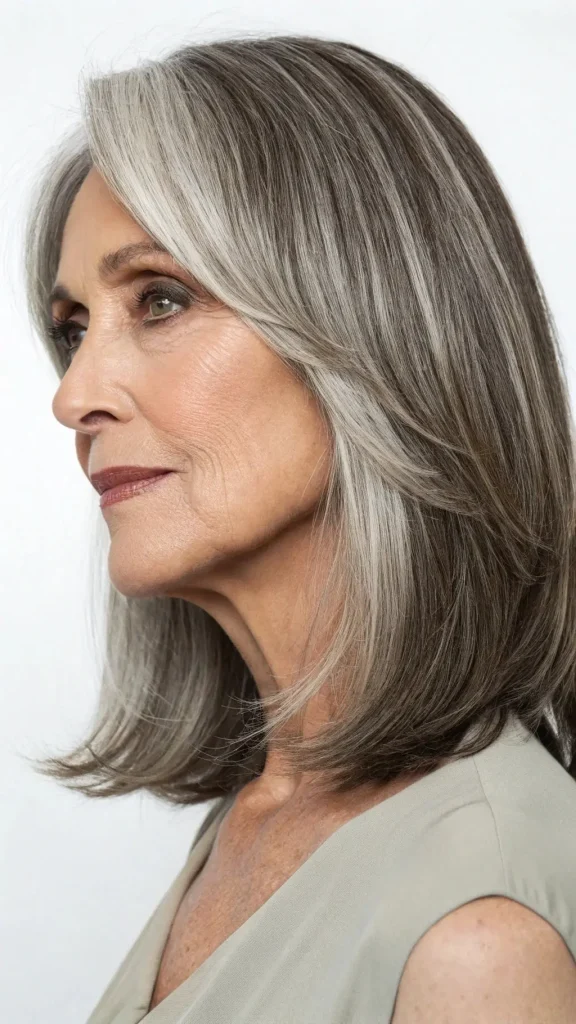 It is image on Haircut for 80+ Women Sleek Silver Lob with Side Bangs.