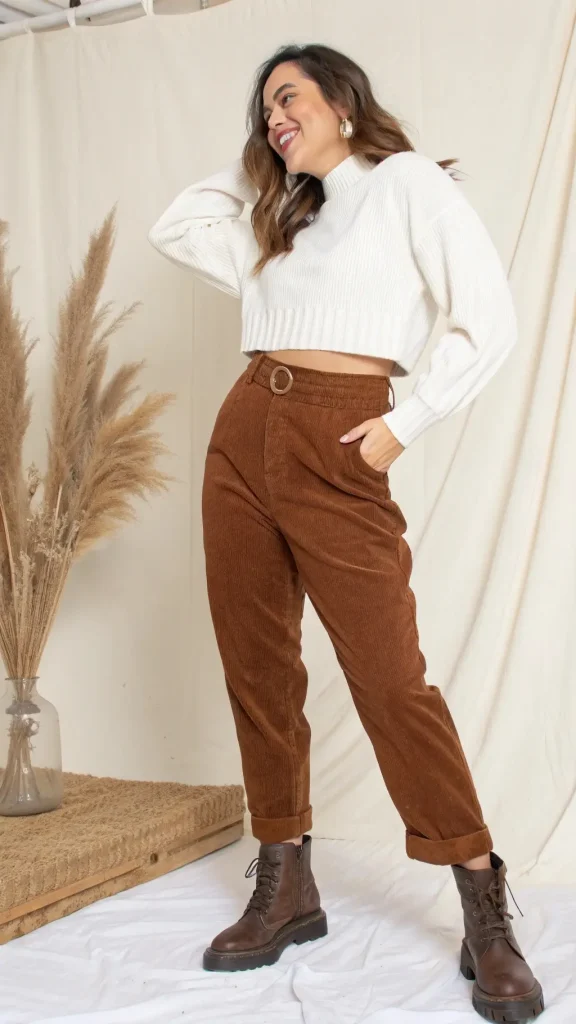 It is image on Rust Brown Corduroy Pant with Cropped Sweater.