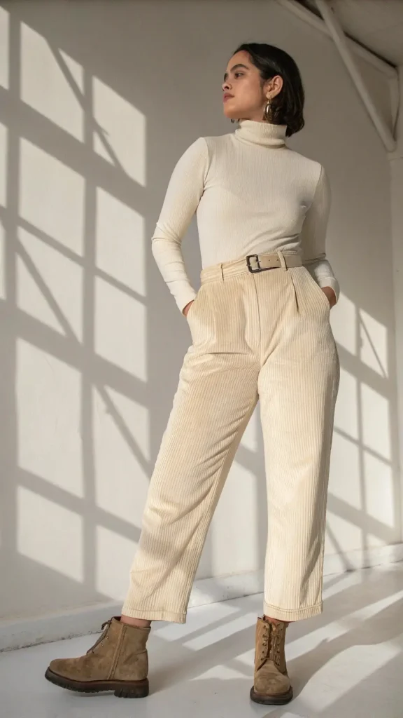 It is image on High Waist Corduroy Pants with Turtleneck.