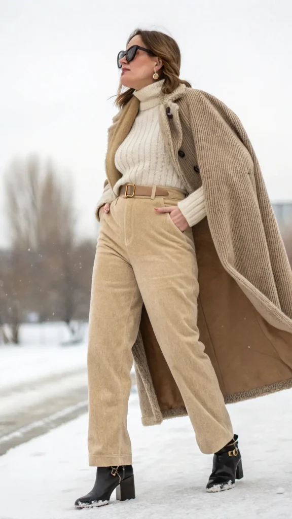 It is image on Beige Corduroy Pants Outfit for Winter.