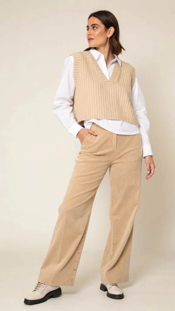 It is image on Beige Wide Leg Corduroy Pants with Sweater Vest.