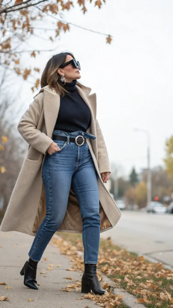 It is image on Camel Coat with Denim Fall Travel Look.