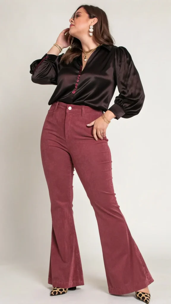 It is image on Burgundy Flare Corduroy Pants with Satin Blouse.