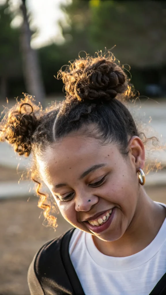 It is image on Double Natural Curl Messy Buns with Golden Highlights.