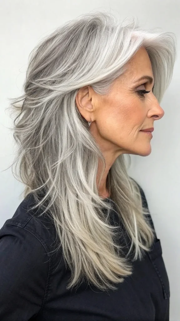 It is image on Layered Gray Waves Haircut for Women.