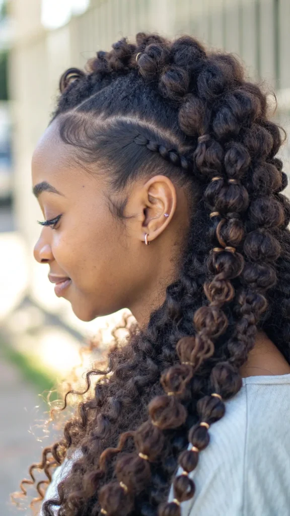 It is image on Bubble Braid Mohawk with Natural Curly Texture.