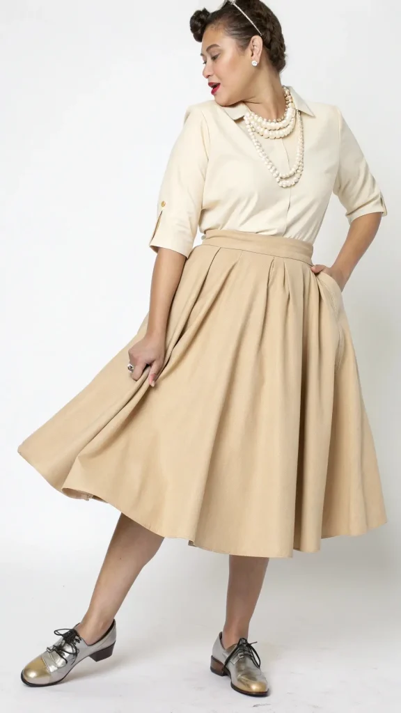 It is image on Beige Midi Bubble Skirt with Pearl Necklace.