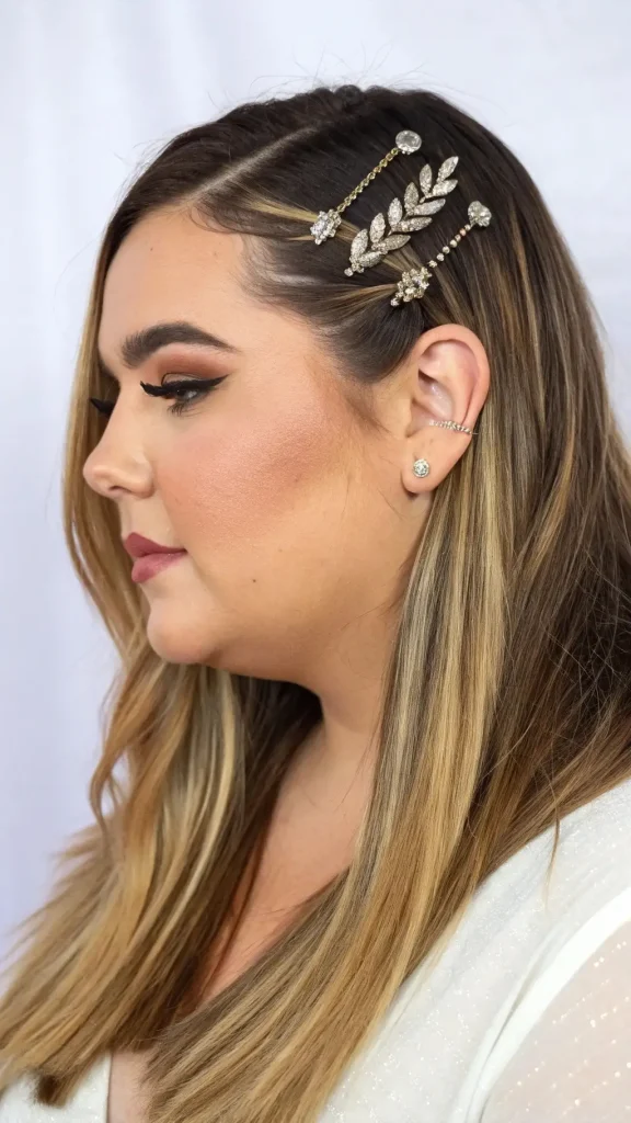 It is image on Chubby Face Long Straight Hair with Decorative Pins.