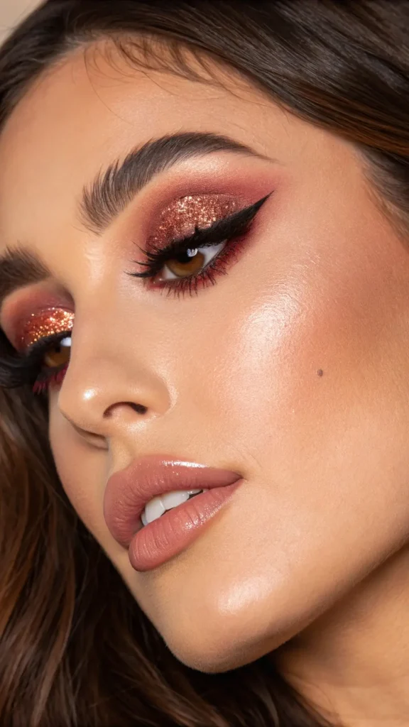 It is image on Rose Gold Glitter Cut Crease Eye Makeup for Brown Eyes.