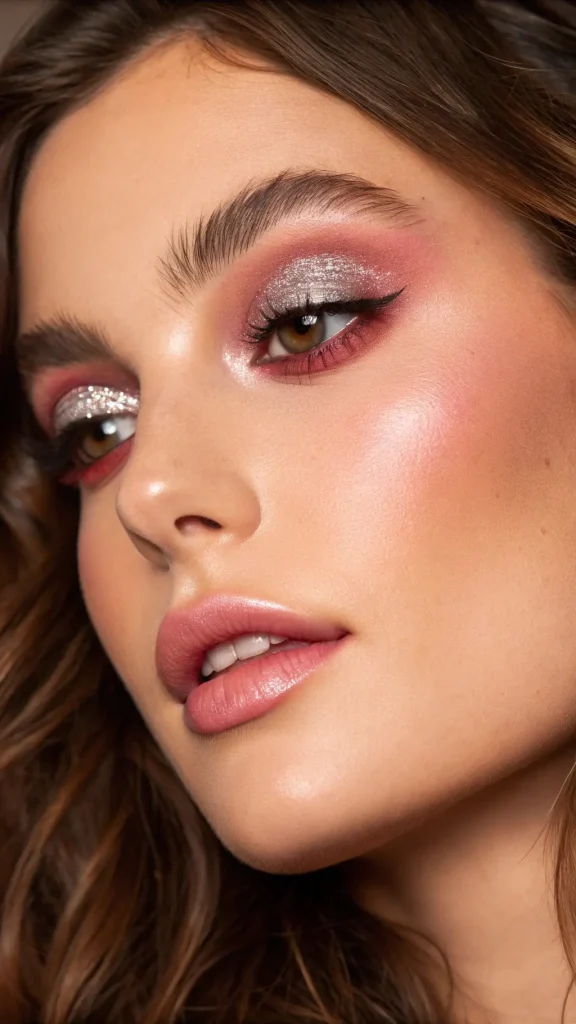 It is image on Silver Glitter Eye Makeup with Berry Tones Brown Eyes.