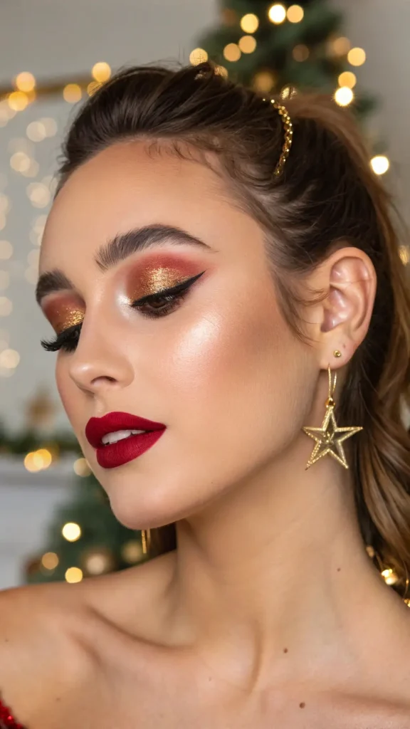It is image on Gold and Copper Glitter Eye Makeup for Brown Eyes.
