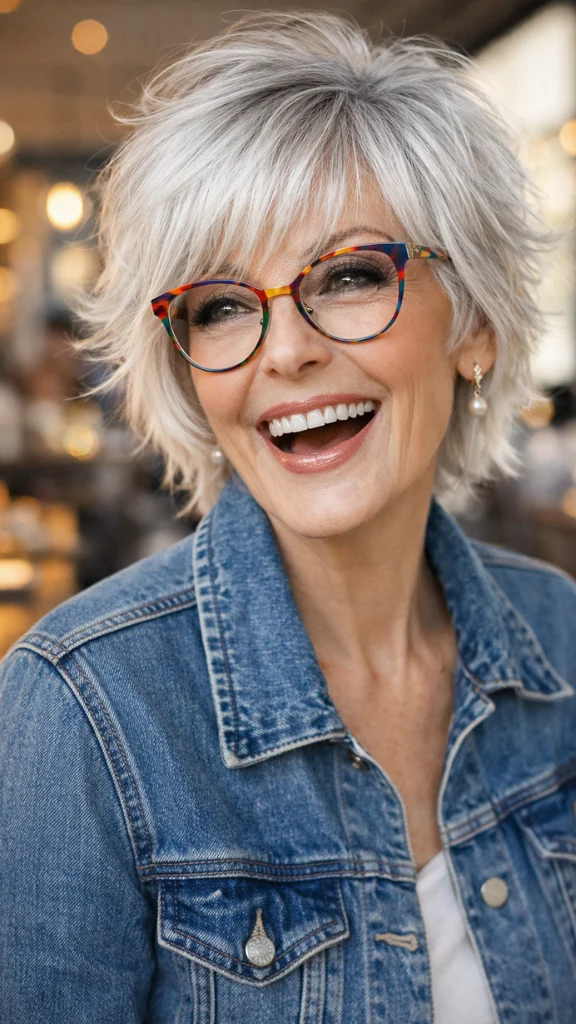 It is image on Tousled Silver Shag with Feathered Bangs hairstyle.