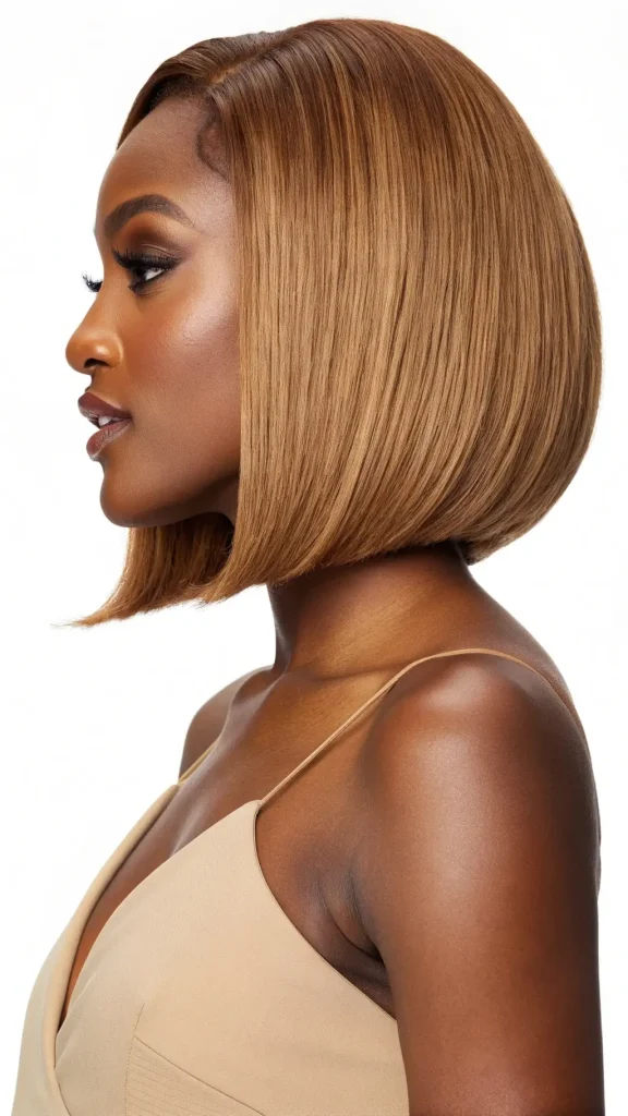It is image on Honey Blonde Jawline Bob with Natural Flow for Black Women.
