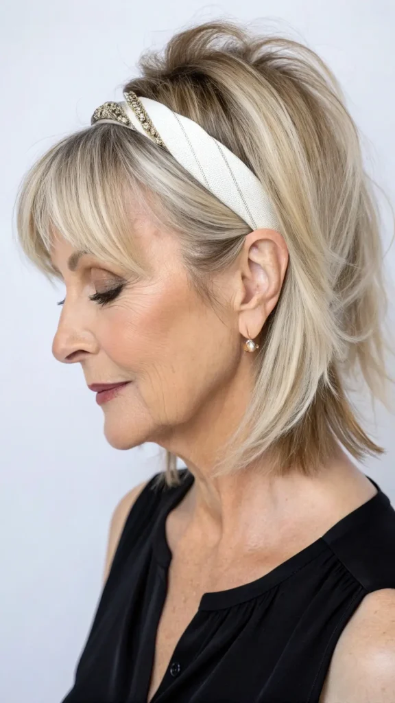 It is image on Layered Shag Bob Hairstyle with Headband and Curtain Bangs for Older Women.