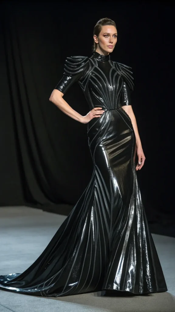 It is image on Black Tie Dress Structured Geometric Pattern Evening Gown.