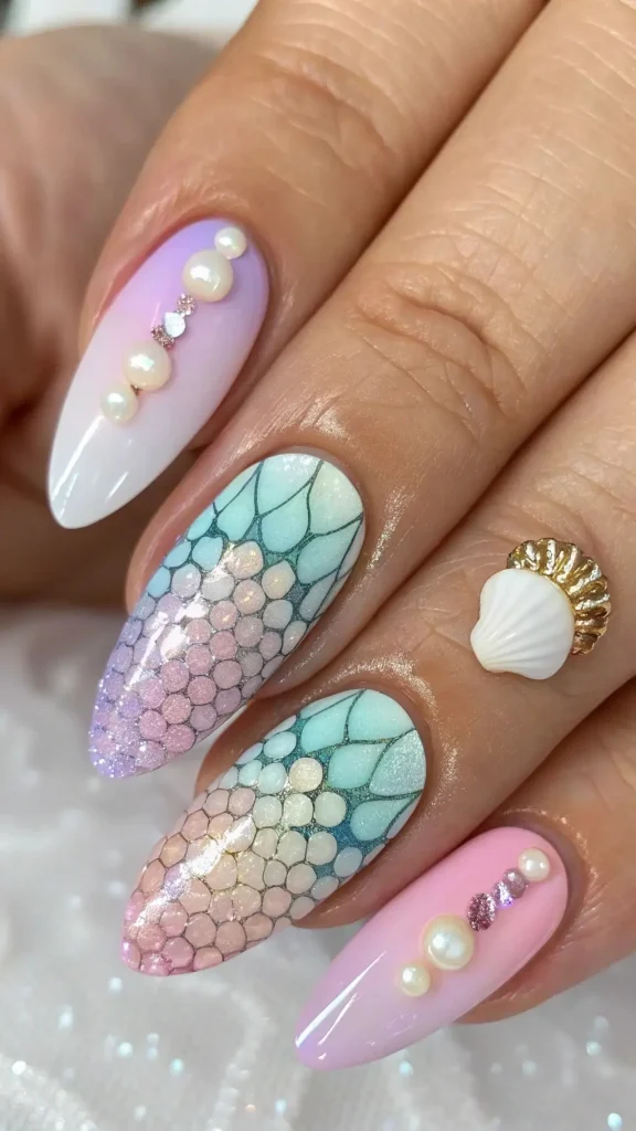 It is image on  Pastel Scale Treasure Mermaid Nail Ideas.