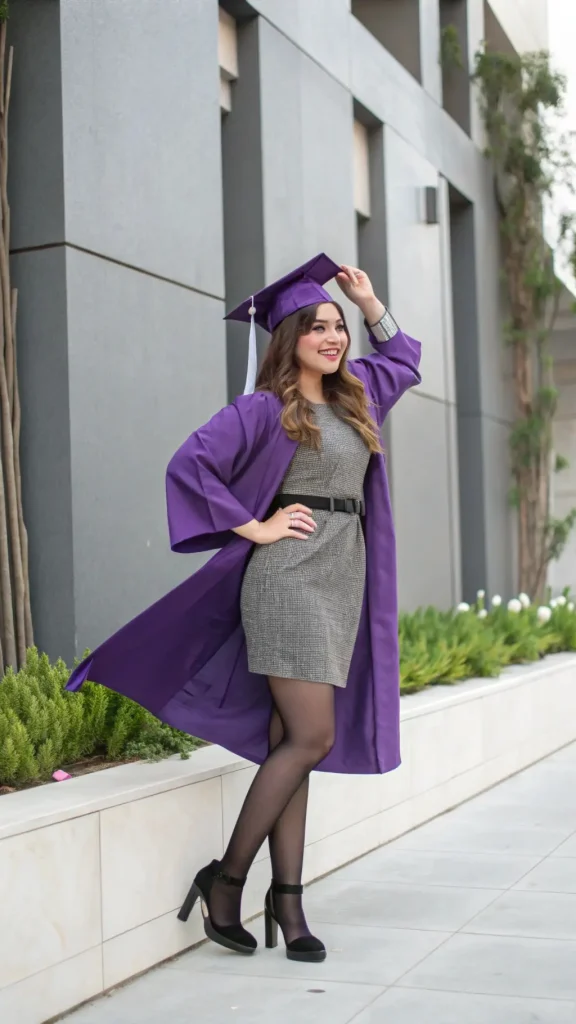 It is image on Purple Graduation Cap and Grey Metallic Sheath Dress.