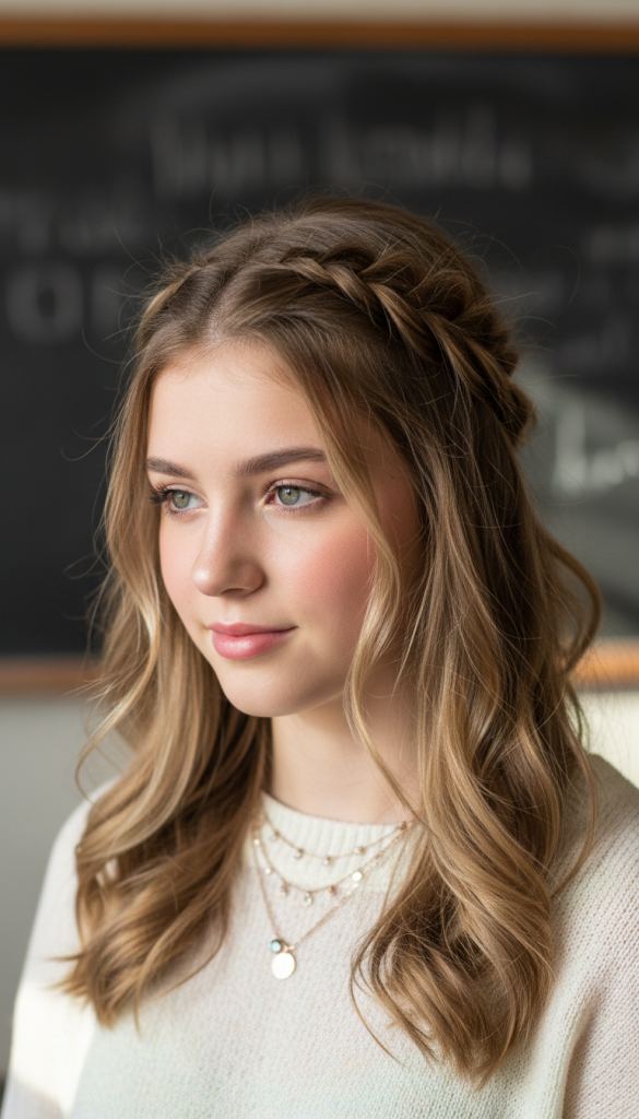 Shoulder-length wavy hair styled in a braided crown half-up look with soft loose curls.