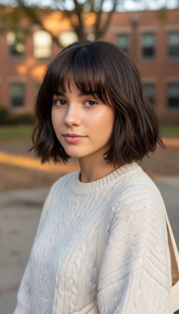 Soft jaw-length textured bob with wispy bangs styled for a natural everyday look.