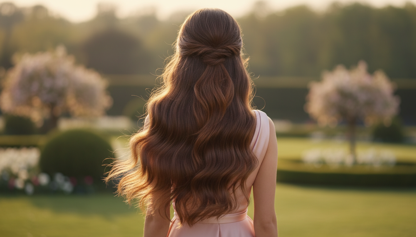 Half-up twisted hairstyle with long, soft auburn waves cascading down the back, styled outdoors in a garden setting during golden hour.