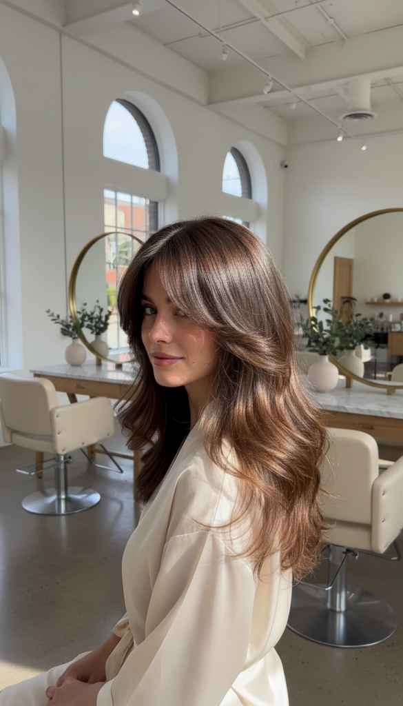 Woman with long brown layered hair styled with soft waves and face-framing layers, photographed inside a bright, modern hair salon.