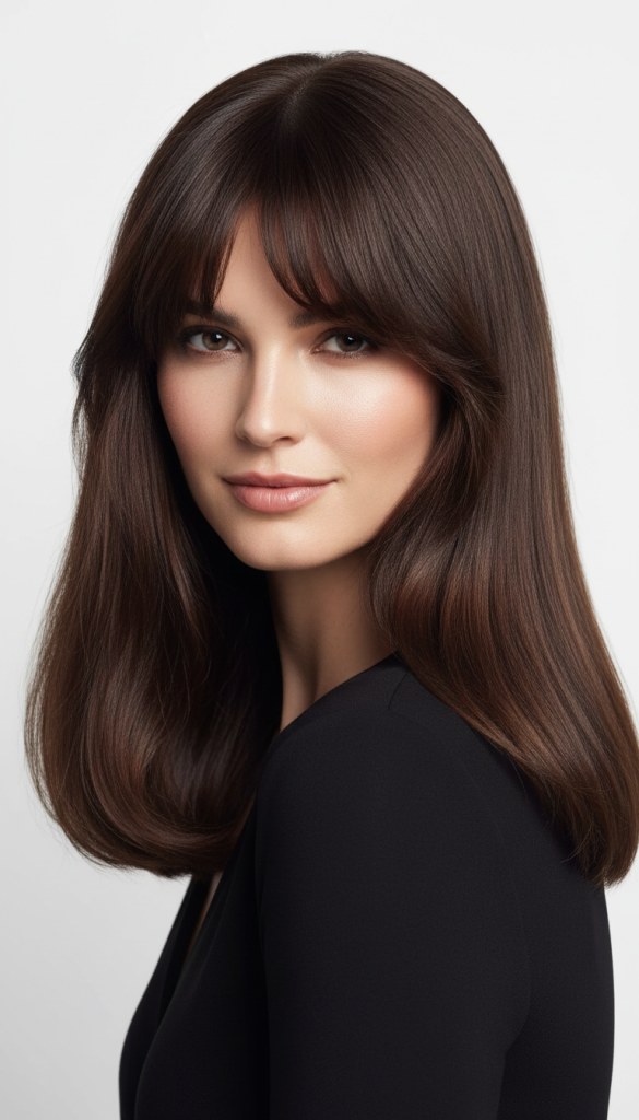 Woman with medium-length brown hair styled smoothly with light bangs and soft volume.