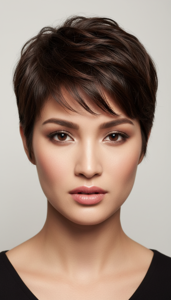 Woman with short dark brown pixie haircut styled with soft texture and volume.