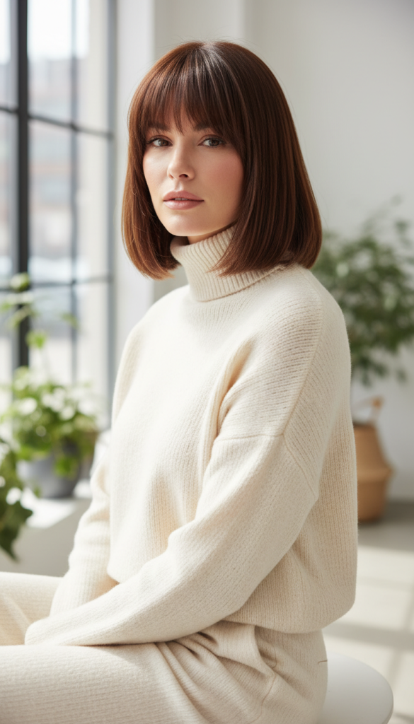It is image on Sleek Shoulder Mid Length Cut with Full Fringe.