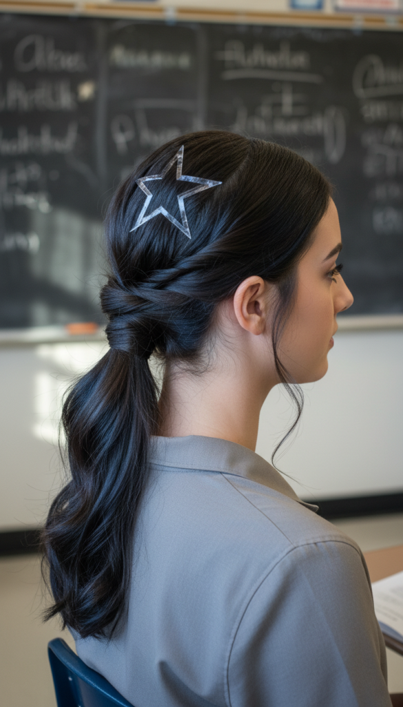 Twisted low ponytail with a decorative star hair clip, styled neatly for a school setting.