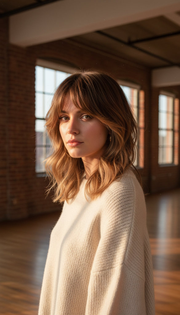 Woman with shoulder-length wavy hair and soft curtain bangs, styled in a textured shag cut with natural volume.