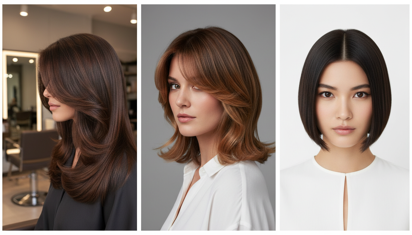 Types of haircuts for women with names – long layered haircut, medium-length lob with layers, and short blunt bob shown side by side.